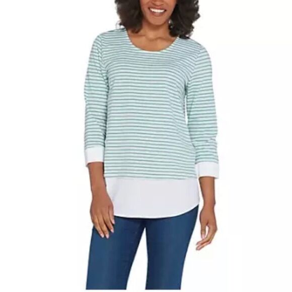 Martha Stewart Tops - Martha Stewart Striped Poplin Cuffs and Hem Knit Top